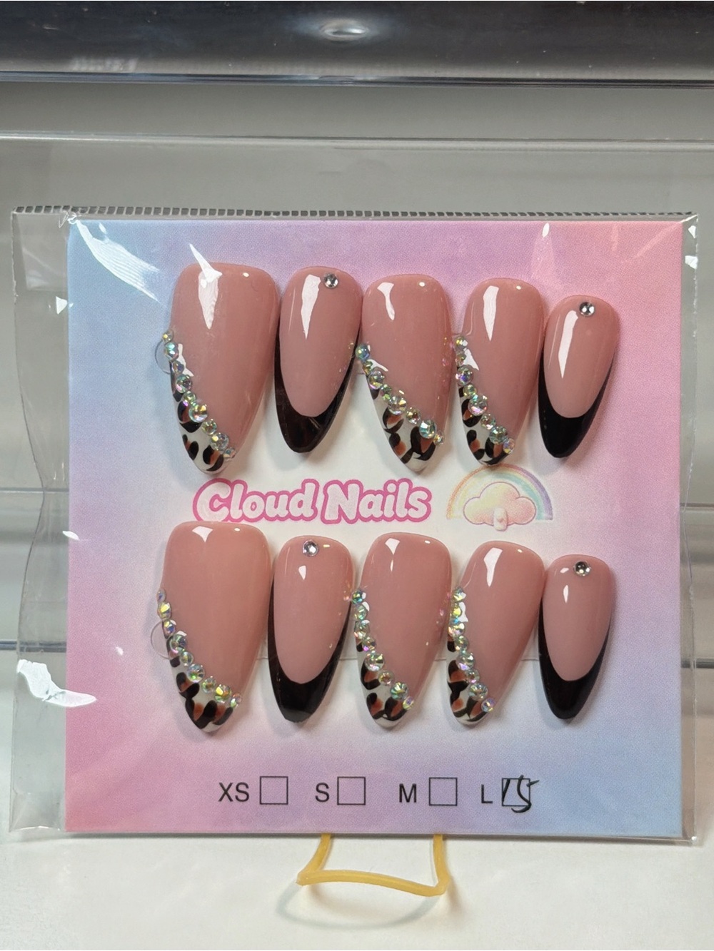 Women's Nude Pink Rhinestone Press-On Nail Set with Black Tips